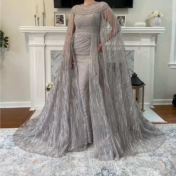 catwalk evening dresses Luxury Feather Shoulder Sleeveless Beading Lace Catwalk Evening Dress –  DESIRE DRESS main image 0